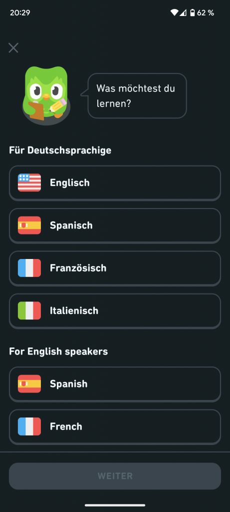 Duolingo Sprachenauswahl